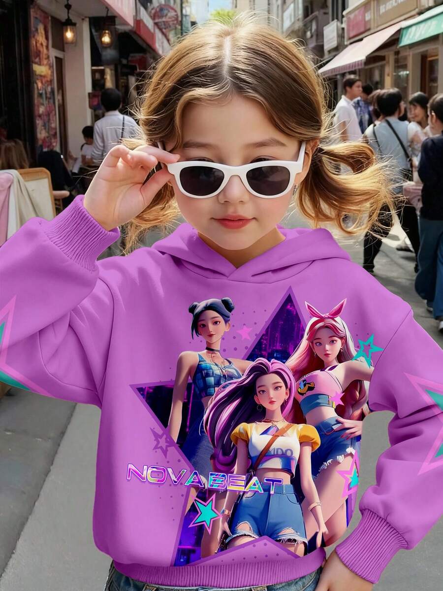 SHEIN KPOP图案印花卫衣，星形元素印花，时尚休闲少女卫衣，适合秋冬季穿着 - 彩色 - 查看 1