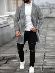 Manfinity Homme 男士纯色双排扣休闲长袖大衣，秋冬季，优雅千鸟格运动大衣 - 黑與白 - 查看 3