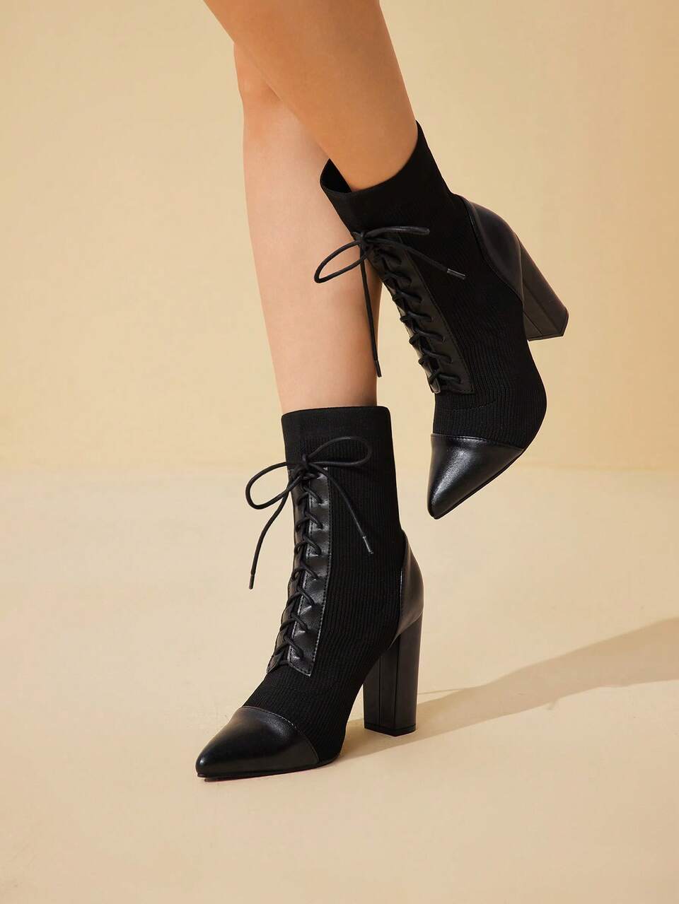 CUCCOO BASICS Pointed Toe Block Heel Black Elastic Fashion Mid-Calf Boots, Elegant For Commuting, Outing, Party Wear For Christmas Spring Shoes