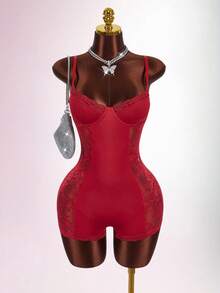Amplova Bộ đồ liền thân màu trơn phối ren tương phản quyến rũ ôm eo dành cho nữ - Màu Đỏ Sâu - Xem 3