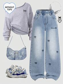 ChillGRL Jeans évasés ample pour jeune fille, nouvelle collection printemps/été, en denim bleu clair avec une ambiance décontractée, détail de broderie en forme de cœur pour une touche, taille élastique pour le confort. Convient pour le campus, la rue, les sorties, les activités de plein air et le port quotidien. Jeans baggy étoilé Y2K, jeans baggy Y2K - Jean bleu - Voir 10