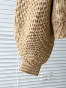 青少年男孩休闲圆领长袖宽松罗纹针织毛衣，适合居家、外出、聚会、返校 - 卡其色 - 查看 3