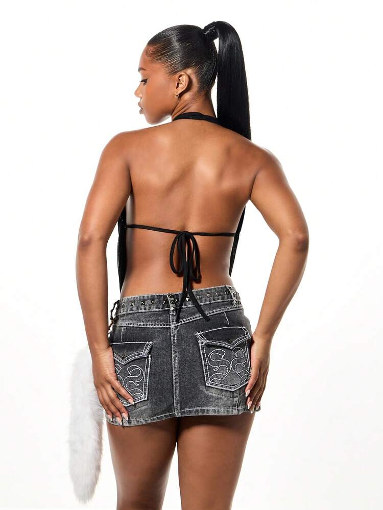 SUMWON WOMEN Mesh Halter Backless Draped Top