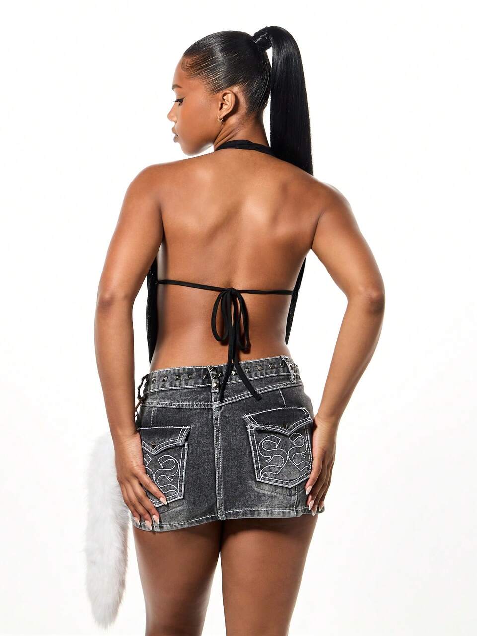 SUMWON WOMEN Mesh Halter Backless Draped Top