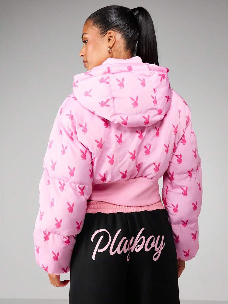 Missguided x Playboy Oversized Daunenparka mit Hasen-Muster und geraffter Taille als Wintermantel für Frauen