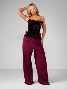 MISSGUIDED Top de corsé de terciopelo con detalles de lazo burdeos, bustier sin tirantes para fiesta de noche formal - Multicolor - Ver 3