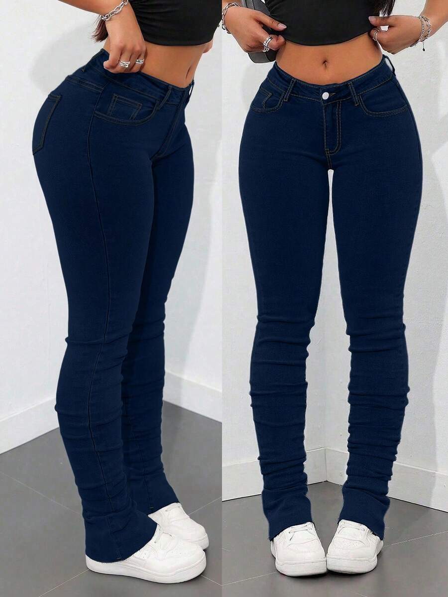 Jeanoix Spring Plus Size Women High Waist Skinny Personalized Fashion Jeans - Dark Wash - View 1