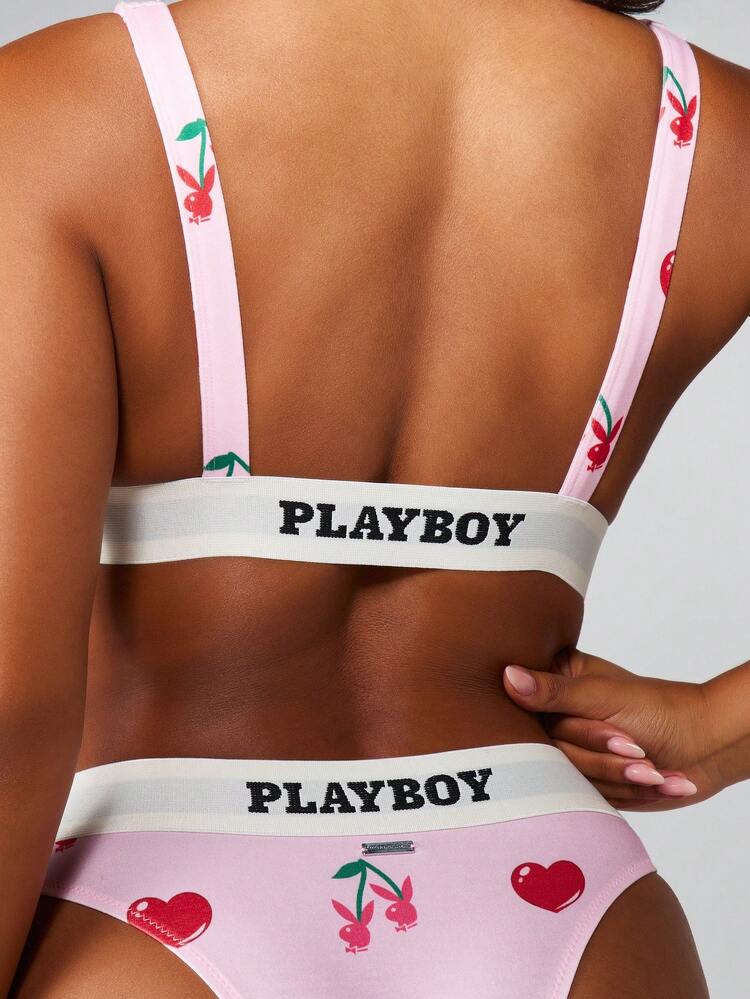 Missguided x Playboy Cherry Print Bra And Panty Set With Bow Pattern