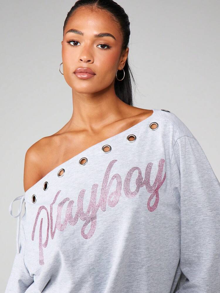 Missguided x Playboy Off Shoulder Mini Dress With Long Sleeves Rhinestone Print And Tie Cuff Details