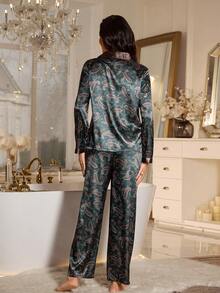 LuxeNights 女士撞色腰果花仿丝长袖上衣和裤子睡衣套装，女士家居服套装，秋冬服装 - 墨綠色 - 查看 2