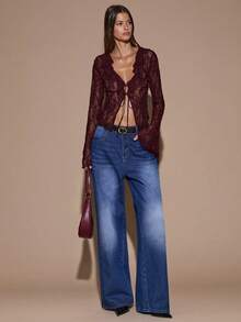 SHEIN BAE 女士蕾丝性感深V领透视镂空荷叶边长袖上衣，酒红色，适合秋冬季节、亡灵节、红色上衣、女士红色上衣、情人节等场合。 - 酒紅色 - 查看 3