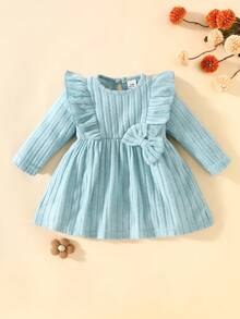 SHEIN Newborn Baby Girl Elegant Bow Decor Long Sleeve Dress, Sweet & Casual Style, Suitable For Spring/Autumn Outings, Vacations, Birthday Parties