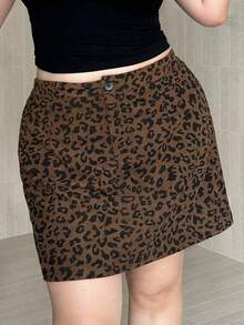 Dazy Plus Leopard Print Mini A-Line Skirt With Elastic Waist, Corduroy Fabric, Autumn/Winter - Brown - View 5