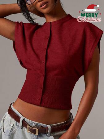 Athîral 女士纯色修身短款针织开衫背心，前扣设计，秋冬装