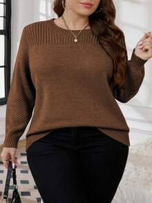 SHEIN CURVE+ 大码女式优雅休闲毛衣上衣 - 巧克力棕 - 查看 1