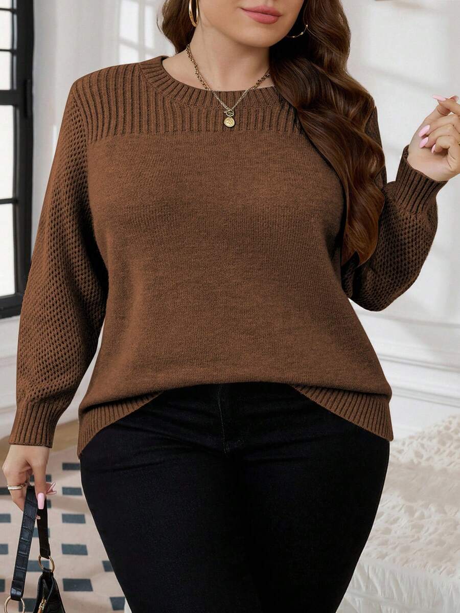 SHEIN CURVE+ 大码女式优雅休闲毛衣上衣 - 巧克力棕 - 查看 1