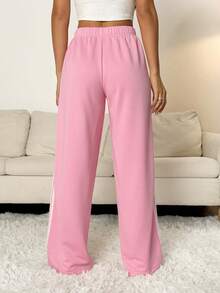 SHEIN PETITE Back To School Fall Outfits Women Clothes Women's Casual Wide Leg Sweatpants With Contrasting Stripes, Pink,Fall Clothes For Women Baggy - Pink - View 2