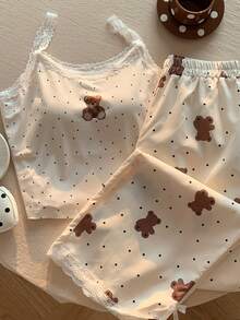 Comfortcana 2件套女士熊印花吊带背心上衣和裤子套装 - 杏色 - 查看 4