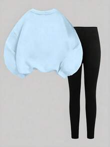 1 Set Young Girls Cute Cartoon Big Ear Rabbit Pattern Blue Crew Neck Sweatshirt And Leggings Set, Autumn/Winter Daily Outfit And School Wear - Multicolor - View 2
