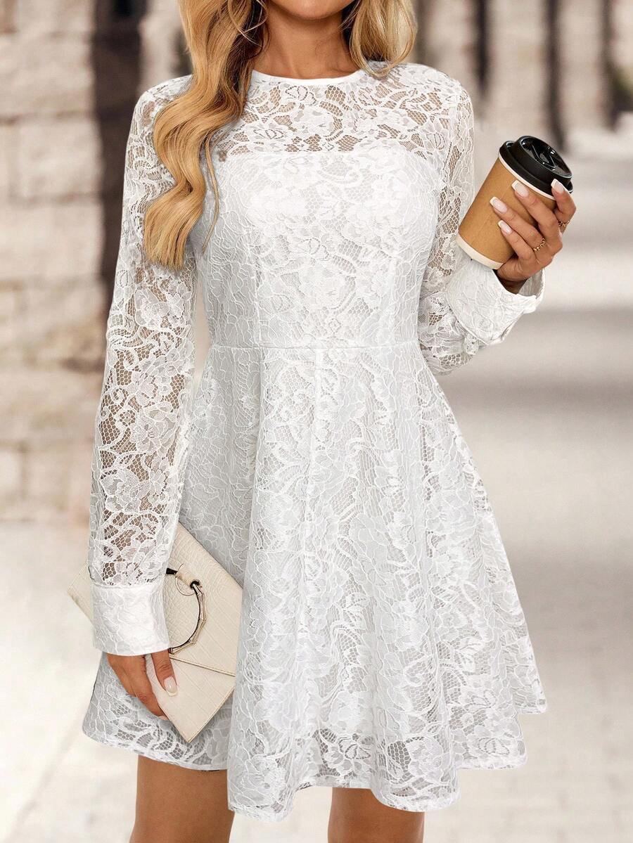 EMERY ROSE Women's Solid Color Round Neck Raglan Sleeve Ruffle Lace Elegant Short Dress,White Dresses For Women Spring Outfit Women,Valentine Outfits For Women - White - View 1