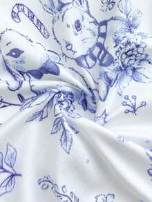 SHEIN 女童休闲兔子印花全拉链连帽衫和裤子两件套家居服套装 - 藍白色 - 查看 5