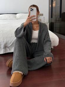 Livesso 女士宽松商务休闲针织开衫和直筒裤套装，秋冬优雅办公室装 - 深灰色 - 查看 5