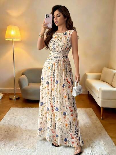 Rafferiza Women's Elegant And Fresh Floral Mesh Apricot Round Neck Gathered Waist Drawstring Waist Cover Body Slimming A-Line Sleeveless Long DressHomecoming Dresses, Wedding Guest Dresses Party Dress  Elegant Party Dresseswinter Winter Clothes Winter Clothes For Women Cozy Fall And Winter Clothes For Women Fall Winter 2025 Women Christmas New Year Clothes For New Year Thanksgiving Hanksgiving Outfit For Women Party  Elegant  Luxury Sexy Christmas New Year Party Graduation Ball Cosplay New Year Going Out Tops For Women Graduation Elegant Fashionable Casual Commuting Business Office Daily Leisure All-Match Temperament Urban Teacher Professional Attire