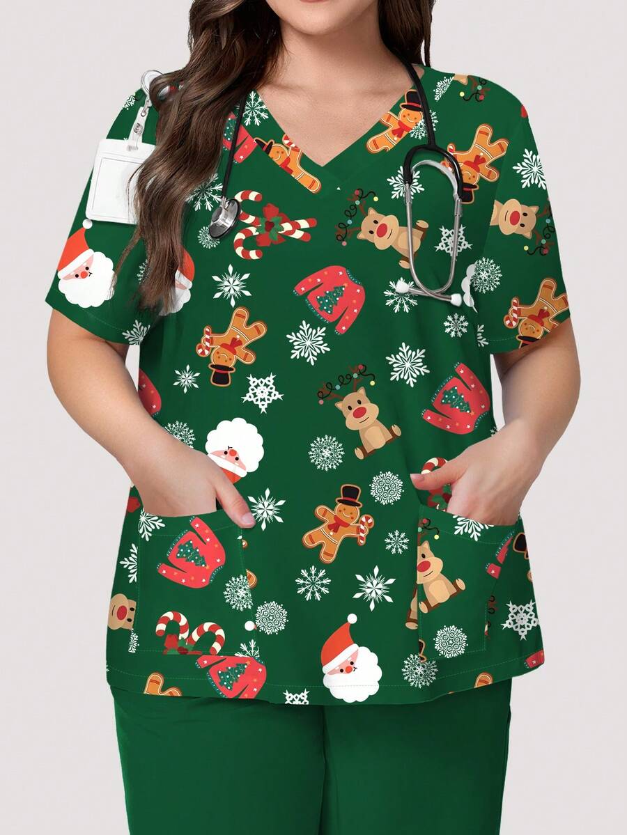 PopScrub Plus Size Women's V-Neck Short Sleeve Scrub Top With Pockets, Ear Loop, And Side Slit, Christmas Element Pattern - Multicolor - View 1