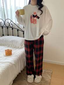 优雅简约少女冬季狐狸印花刺绣白色上衣和红黑格子裤休闲舒适长袖家居服两件套 - 紅色 - 查看 6