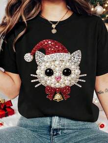 INAWLY Vacation,Spring,Resort Wear Spring Cat Print Short Sleeve T-Shirt - Black - View 4