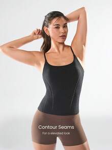 GLOWMODE FeatherFit™ Recharge Slim Fit Low Neck Adjustable Straps Removable Cups Waist Length Active Tank Low-Impact Yoga Pilates Studio Daily Casual Wear Fall Winter - Black - View 4