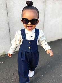 SHEIN Little Byeori 女婴海军蓝色宽松牛仔连体裤