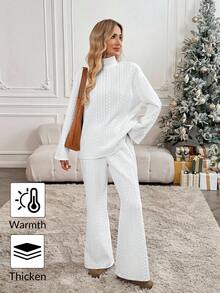 SHEIN LUNE 2 件女式加厚纹理面料白色运动衫套装，高领长袖宽松运动衫和直筒裤，秋冬休闲舒适服装 - 白色 - 查看 1