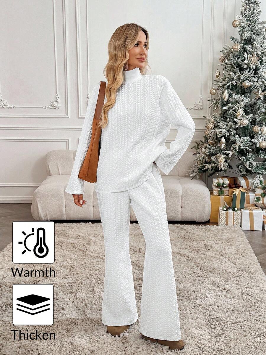 SHEIN LUNE 2 件女式加厚纹理面料白色运动衫套装，高领长袖宽松运动衫和直筒裤，秋冬休闲舒适服装 - 白色 - 查看 1