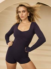 Aralina Bộ đồ định hình tập gym tay dài có đường may cổ trước Leisurewear ôm sát cơ thể có lỗ xỏ ngón cái - Màu xanh hải quân - Xem 3