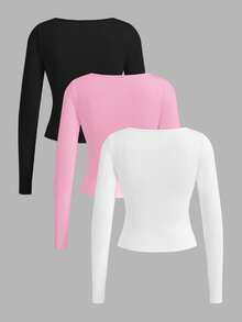 SHEIN EZwear 3 件套女式新款 V 领腰部褶皱紧身针织长袖 T 恤，初秋 - 粉色 - 查看 2