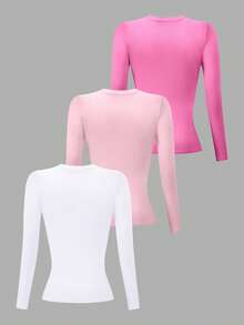 INAWLY 3pcs/Set Kaos Wanita Lengan Panjang Polos Model Kerah Bulat Pas Badan - MultiWarna - View 2
