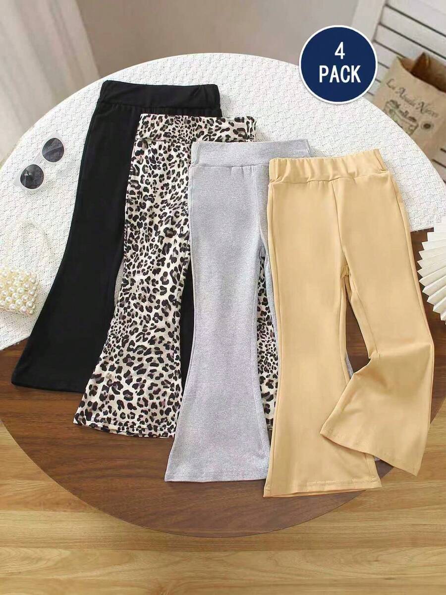 4pcs Girls Leopard Print Knit Leggings, Comfortable & Warm - Multicolor - View 1