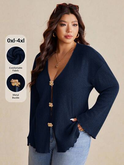 Elaquor Plus Pearl Button Deep V-Neck Long-Sleeved Knitted Cardigan/Winter Navy Blue