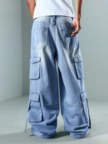 ROMWE MEN Street Life Herren Lässig Mode Straße Zerrissene Klappe Tasche Locker Weites Bein Cargo Jeans - Blau - Übersicht 3