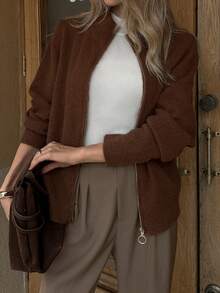 Elyressa Women's Solid Color High Neck Raglan Sleeve Zip-Up Fashionable Knit Cardigan - Brown - View 6