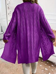 EMERY ROSE Damen Mode Strickjacke in Große Größen mit Einzelreihe, lässiger strukturierter Strickpullover in Knielänge - Rot-violett - Übersicht 2