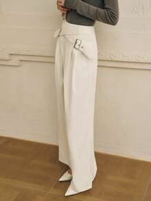 Cévolie 女士纯色褶皱高腰双扣装饰阔腿裤 - 白色 - 查看 7