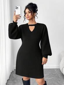 Elenzga Plus Size Casual Pearl Button Sweater Dress - Black - View 8