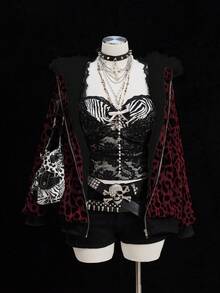 Sunspun Fashionable Leopard Print Velvet Hooded Faux Fur Lined Zip-Up Jacket - Multicolor - View 4