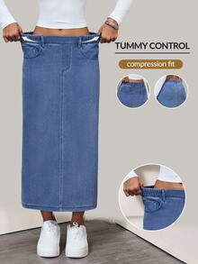SHEIN Unity Damen Denim Rock mit elastischem Bund, Taschen und Schlitz, minimalistisch, vielseitig und lässig - Blau - Übersicht 1