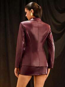 Glamine Bộ đồ thời trang thanh lịch, trang phục công sở thường ngày, áo khoác da PU cổ khoét ôm vừa vặn và chân váy bút chì màu đỏ tía dành cho nữ - Màu Đỏ Sâu - Xem 3
