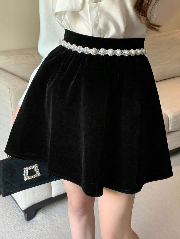 Women's Elegant Velvet Faux Pearl Decor Skirt