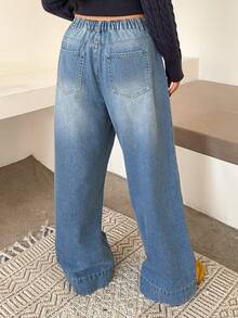 Dazy Plus Calça jeans feminina longa, azul, plus size, com 5 botões, solta, perna reta, lavada, adequada para todas as estações - Lavagem leve - Ver 1