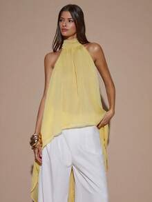 SHEIN BAE 性感简约纯色奶油黄雪纺吊带背心，适合派对、鸡尾酒会、正式场合、伴娘、生日、优雅雪纺上衣、圣诞节、商务休闲等场合。 - 淡黃色 - 查看 5